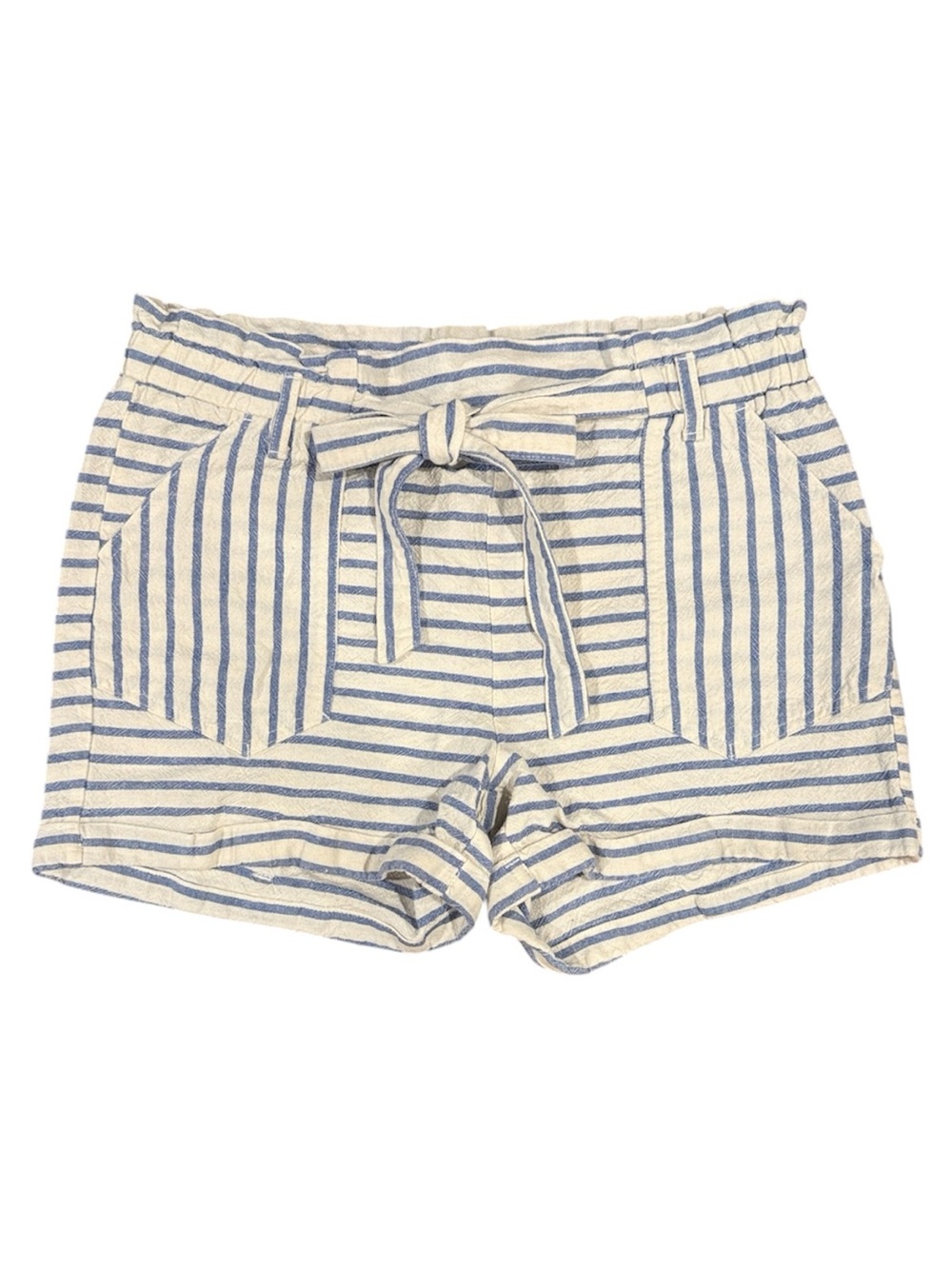 Jolt Striped High-Waist Tie-Front Shorts — Blue and White